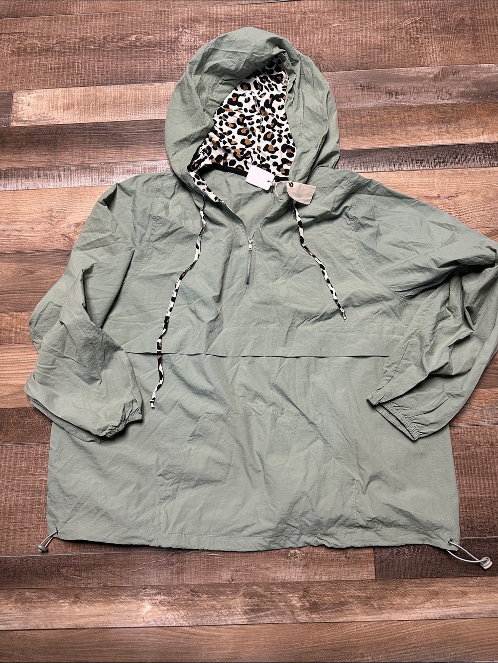 Light Green Hooded Windbreaker with Leopard Lining - Women